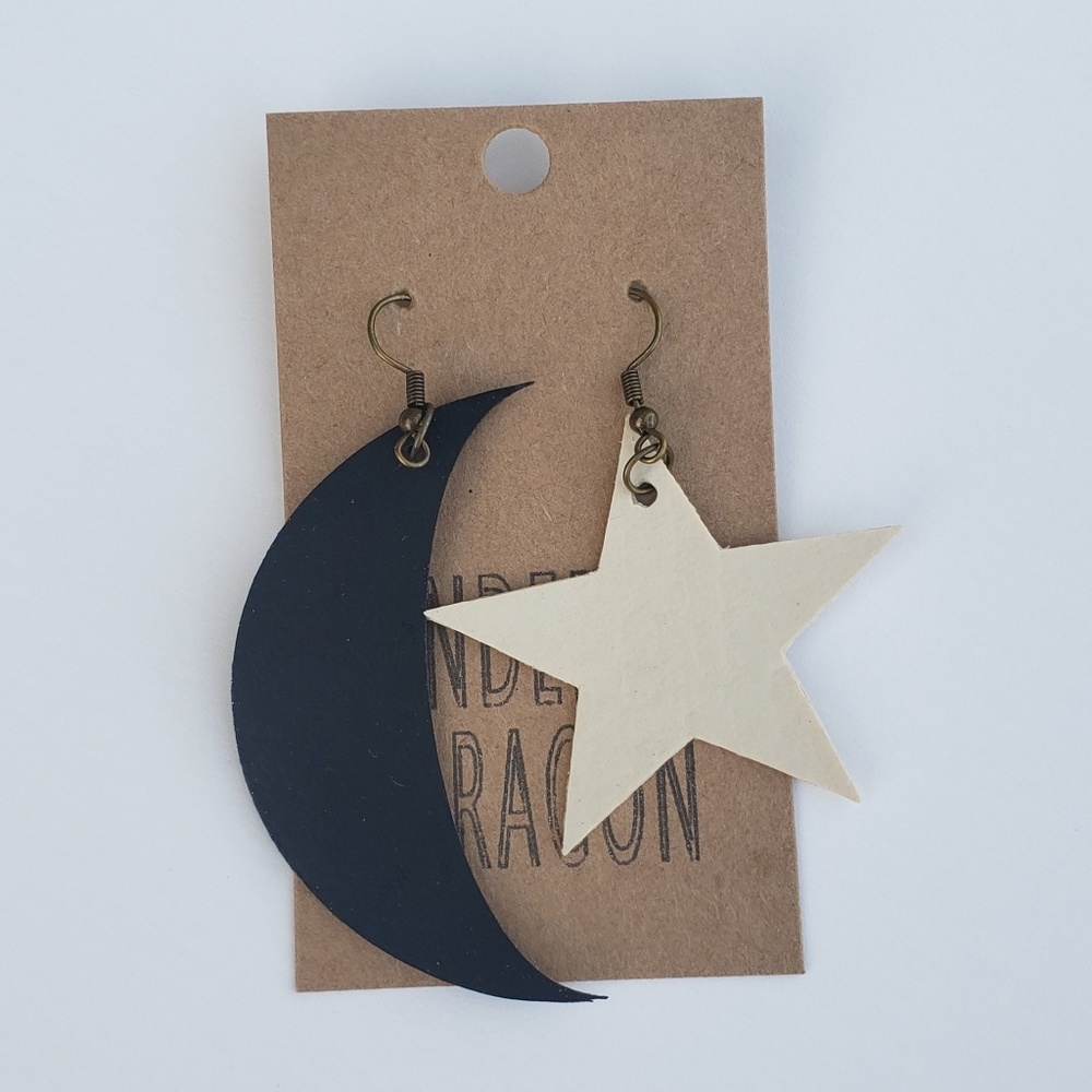 Moon and Stars Faux Leather Fishhook Earrings